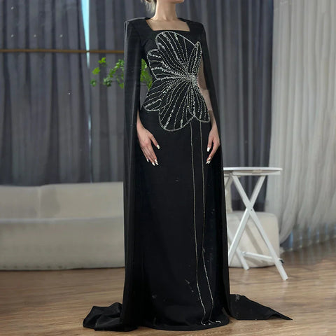 Arabic Black Mermaid Elegant Cape Sleeves Beaded Satin Luxury Dubai Evening Dresses Gowns For Women Party LA72461