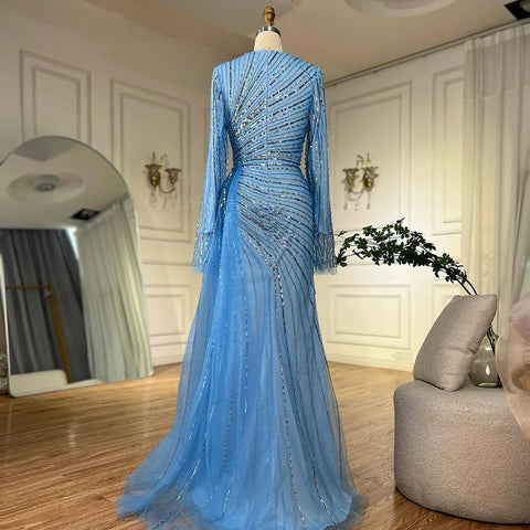 2025  Arabic Elegant Blue Beaded Saudi Evening Dresses Gowns for Formal Occasion LA72822