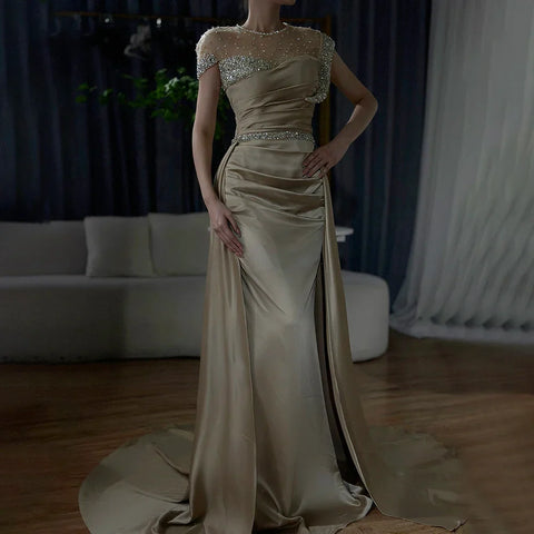 Arabic Nude Mermaid Elegant Satin With Overskirt Evening Dresses Gowns Luxury Beaded 2025 For Women Party LA71725