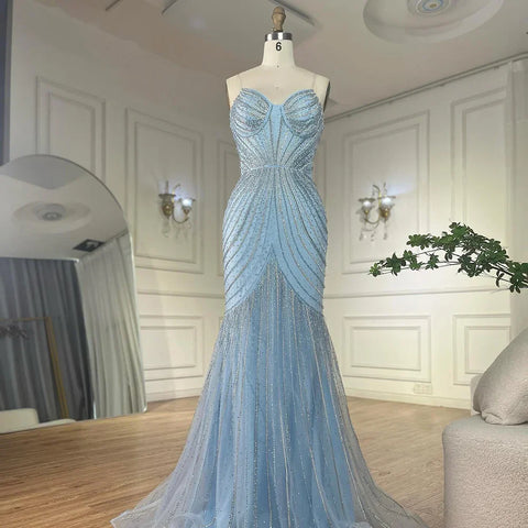 Arabic Blue Spaghetti Straps Beaded Evening Gown with Detachable Cape Dress for Formal Occasion 2025 LA72784