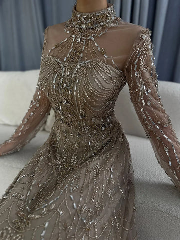 2025 Arabic A-Line Blue Lace Beaded Luxury Evening Gowns for Women's Party Dubai LA72704