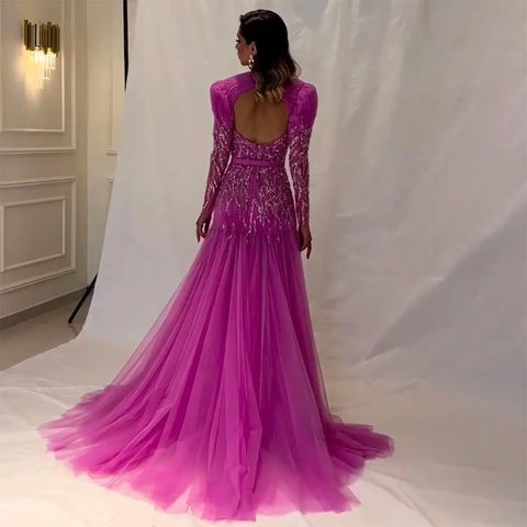 On Sale no return no refund Arabic Sexy Sweetheart Fuchsia A Line Long Sleeves Luxury Beaded Evening Dresses Gowns For Women Party 2025 LA71810