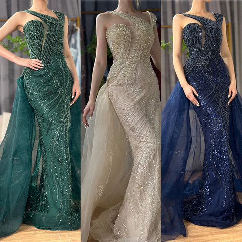 2025 Nude Mermaid Green Evening Gown with Elegant One Shoulder Overskirt for Formal Occasion LA72031A