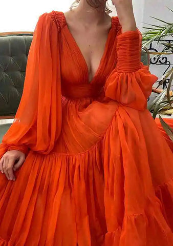 2025 Arabic Red A-Line Long Sleeve Floor-Length Chiffon Prom Dress with Pleats for Women's Party LA72688