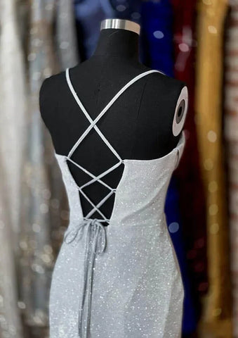 2025 Arabic Silver Elegant Mermaid Spaghetti Straps Glitter Prom Dress with Pleated Split for Women's Party LA72685