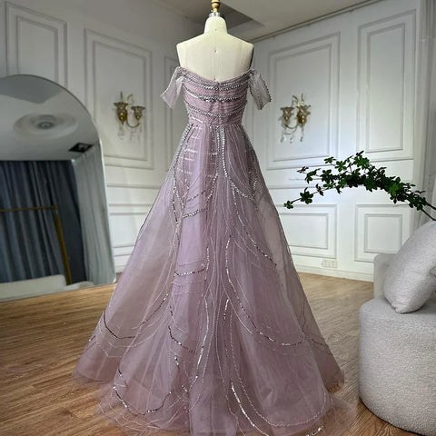2025 Arabic Pink Mermaid Beaded Evening Gown with Detachable Satin Overskirt for Formal Occasion LA72781