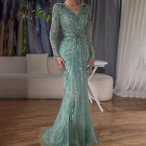 Arabic Turquoise Elegant Mermaid Beaded Open Split Evening Dresses Gowns 2025 For Women Wedding Party LA72007