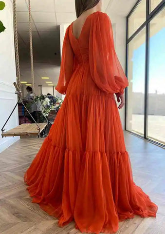 2025 Arabic Red A-Line Long Sleeve Floor-Length Chiffon Prom Dress with Pleats for Women's Party LA72688