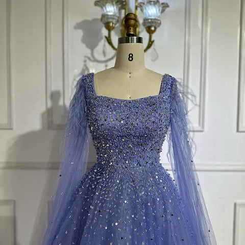 Robe de soirée de luxe saoudienne, coupe trapèze, bleu arabe, manches cape, perles, pour occasions formelles, 2025 LA71782A 
