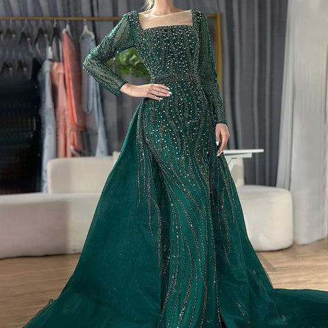 Robe de soirée sirène verte style arabe avec jupe et perles, luxueuse tenue de soirée pour occasions spéciales (2025) (LA72710) 