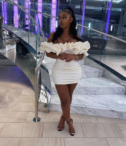 Robe de cocktail noire pour fille, manches à volants mi-cuisse, épaules dénudées, longueur cuisse, Y64