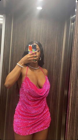 Robe mini rose à sequins et col bénitier, robe de soirée sexy Y66