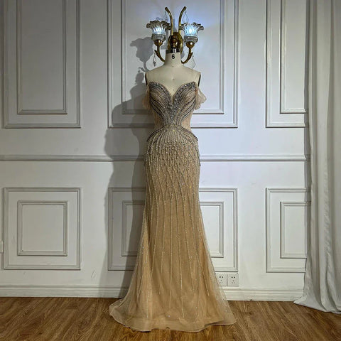 2025 Saudi Arabic Off Shoulder Nude Beaded Tulle Mermaid Evening Gown for Formal Occasion LA72854