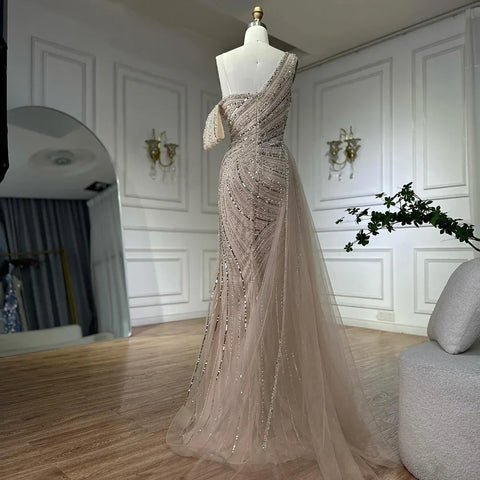 2025 Arabic Pink Mermaid Elegant One Shoulder Beaded Long Evening Dresses Gowns for Formal Occasion LA72662A