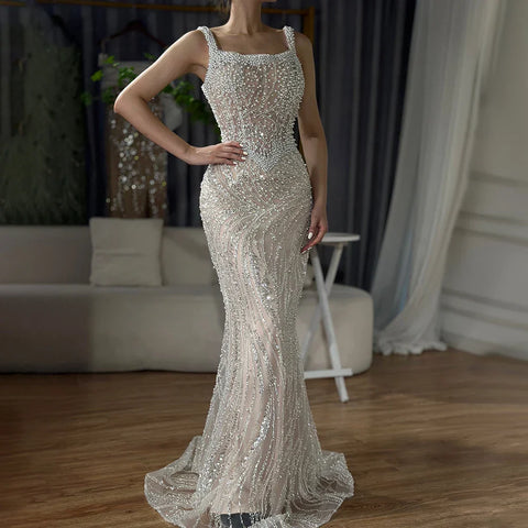 White Nude Spaghetti Strap Mermaid Evening Dresses Gowns Luxury Pearls Beaded For Women Wedding Party 2025 LA72266