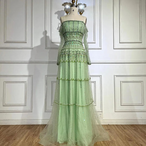 Dubai Arabic Sage Green Mermaid Luxury Evening Gown Strapless Beaded Party Dress for Women's Wedding 2025 LA72350