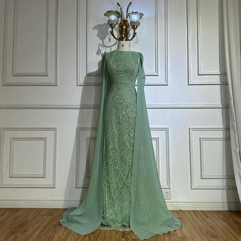 2025 Saudi Arabia Blue Mermaid Cape Sleeve Luxury Beaded Evening Gown for Formal Occasion LA72160A