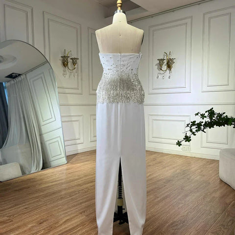 2025 Saudi Nude Pink Strapless Arabic Mermaid Evening Dresses Gowns Beaded Tassel for Occasion LA72804