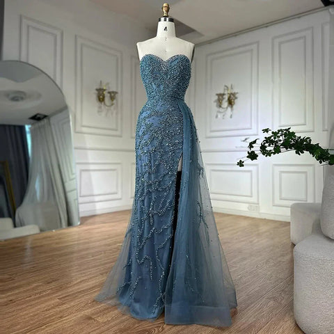 2025 Saudi Arabic Evening Gown for Formal Occasion Elegant Blue Beaded Dress with Slit LA72877