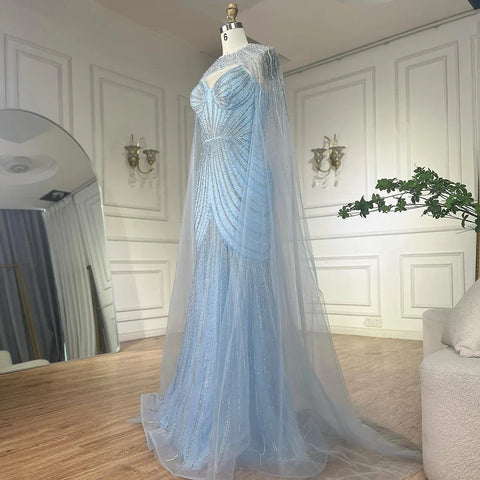 Arabic Blue Spaghetti Straps Beaded Evening Gown with Detachable Cape Dress for Formal Occasion 2025 LA72784