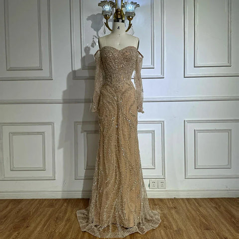 Vestidos de noche de lujo con cuentas, mangas largas con hombros descubiertos y lentejuelas brillantes LA72824A
