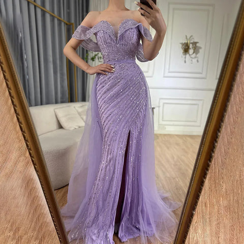 Robe de soirée élégante style sirène nude avec jupe, épaules dénudées, fendue et perlée, pour femme, modèle LA71728, 2024 