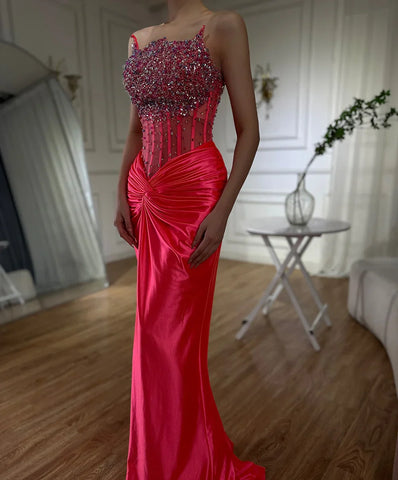 2025 Arabic Fuchsia Strapless Side Split Beaded Mermaid Luxury Dubai Evening Gown for Women's Party LA72671