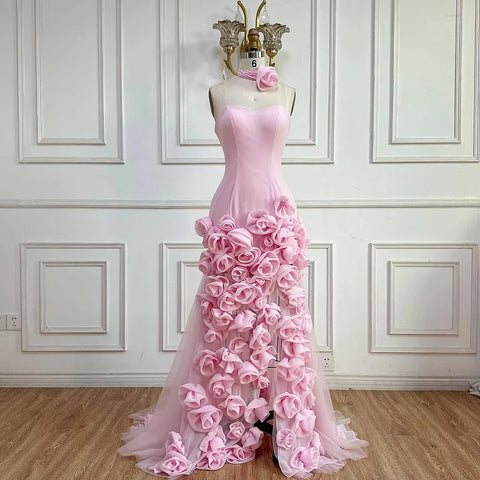 Elegant Evening Dress for Girls Arabic Pink 3D Flowers Elegant Srapless Dress Side Split Prom Party Gowns LA72568