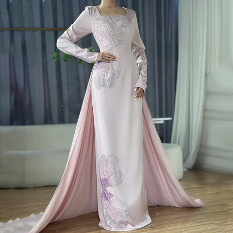 2025 Arabic Pink Mermaid Elegant Beaded Satin Luxury Dubai Evening Dresses Gowns For Women Party LA72001A