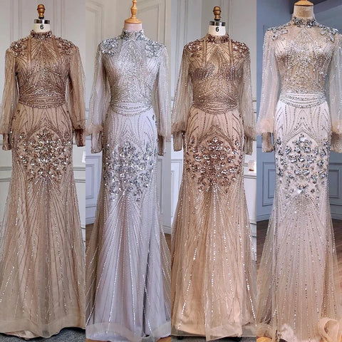 Silver Mermaid Luxury Beaded Evening Dress Gown Full Sleeves LA71036 (On Sale, No Return, No Refund)