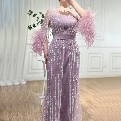 Robe de soirée style caftan marocain, ligne A, plumes et perles, couleur crème, avec veste, LA71759 