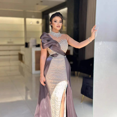 Luxury Beaded Arabic Evening Dress with Slit LA72769