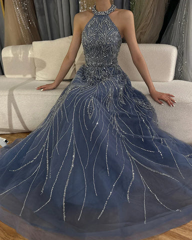 Elegant Blue Arabic A-line Halter Gown Luxury Dubai Evening Dress for Women Wedding Party 2025 LA72302