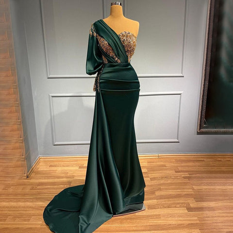 Green Mermaid Elegant Sexy One ShoulderSatin Evening Dresses Gowns Luxury Beaded  2025 For Women Party LA71706
