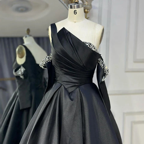 2025 Black One Shoulder Satin A Line Beaded Evening Gown with Sleevelets for Women's Party Saudi Dress LA72741