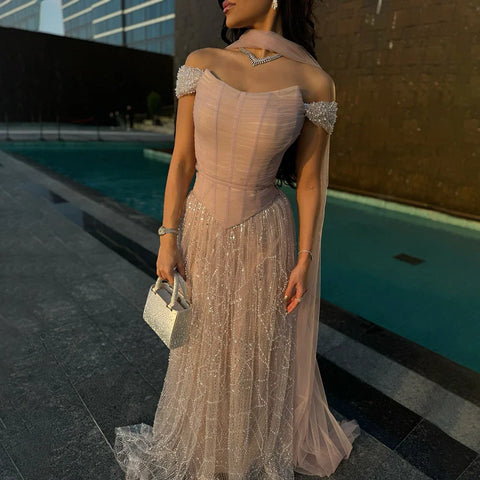 Off Shoulder Beaded A-Line Evening Dress Gown with Corset LA72922