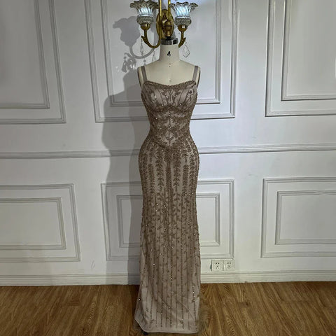 2025 Arabic Blue Spaghetti Strap Mermaid Gown Luxury Beaded Saudi Evening Dress for Formal Occasion LA72725