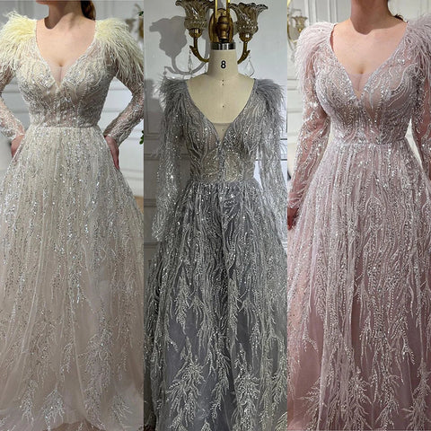 Robe de soirée longue de luxe style musulman, beige, ligne A, perles et plumes, style Dubaï, pour femmes, mariage, LA72172, 2025 