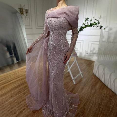 2025 Pink Mermaid Luxury Beaded Pearls Evening Dress with Overskirt Gown for Formal Occasion LA72348A