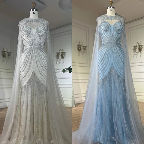 Arabic Blue Spaghetti Straps Beaded Evening Gown with Detachable Cape Dress for Formal Occasion 2025 LA72784