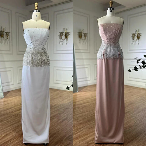 2025 Saudi Nude Pink Strapless Arabic Mermaid Evening Dresses Gowns Beaded Tassel for Occasion LA72804
