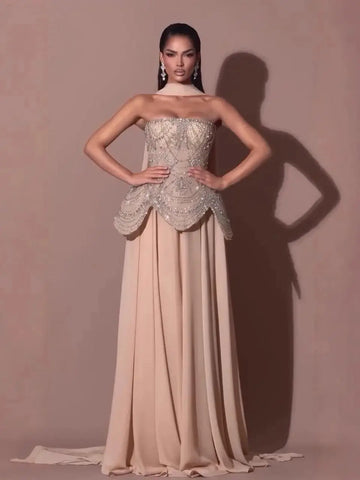 Vestidos de noche de lujo de diseñador, color nude, con cuentas, LA72915