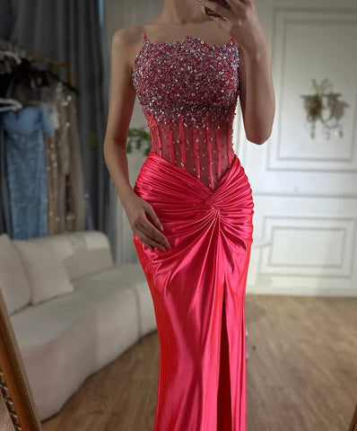 2025 Arabic Fuchsia Strapless Side Split Beaded Mermaid Luxury Dubai Evening Gown for Women's Party LA72671