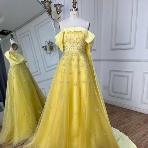 Vestido de noche largo de lujo árabe de Dubái, elegante, amarillo, con escote barco y cuentas, para mujer, para fiesta de boda, LA72531 