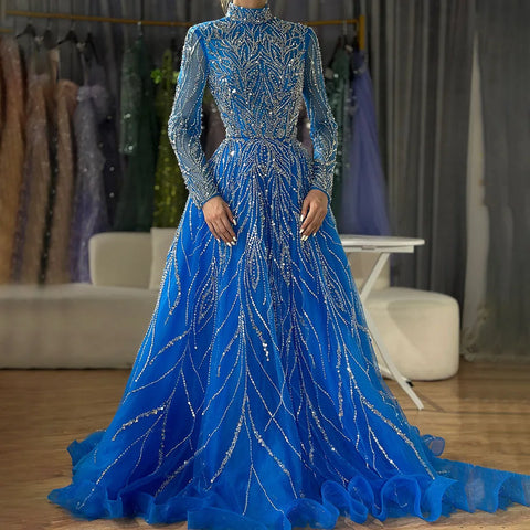 Robe de soirée élégante et luxueuse pour femmes musulmanes, coupe trapèze, bleu, perlée, style Dubaï, pour mariage, 2025, LA72302A 