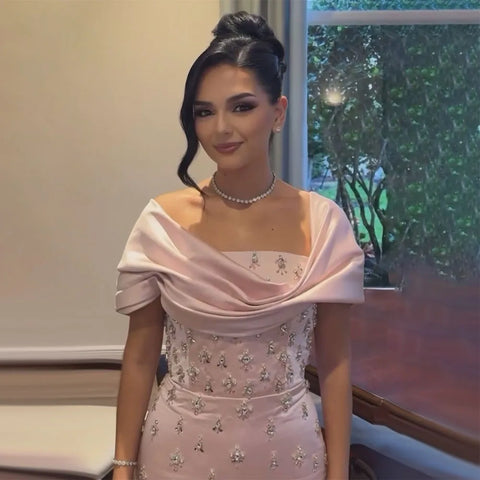 Luxury Baby Pink Off Shoulder Evening Dress for Women Party LA72414