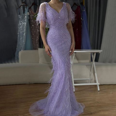 Brown Mermaid Luxury Evening Dresses Gowns 2025 Beaded Feather Elegant For Woman Party LA71323