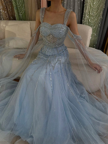 2025 pink Beaded Spaghetti Strap Design A-Line Evening Dresses Gowns with Cape Sleeves for Formal Occasion LA72726