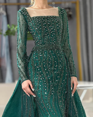 Robe de soirée sirène verte style arabe avec jupe et perles, luxueuse tenue de soirée pour occasions spéciales (2025) (LA72710) 