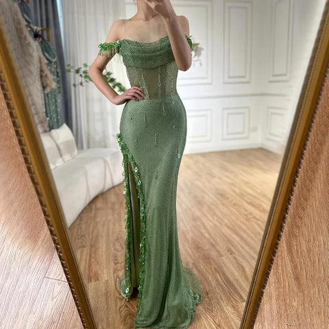 Vestido de noche árabe verde con borlas de cristal, estilo saudí, con abertura alta, ideal para fiestas de bodas y eventos especiales (2025) LA72490 